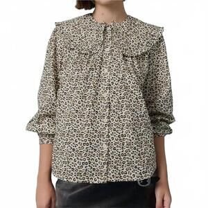 NEW RAISONNEL sisa leopard collared top in beige mutli